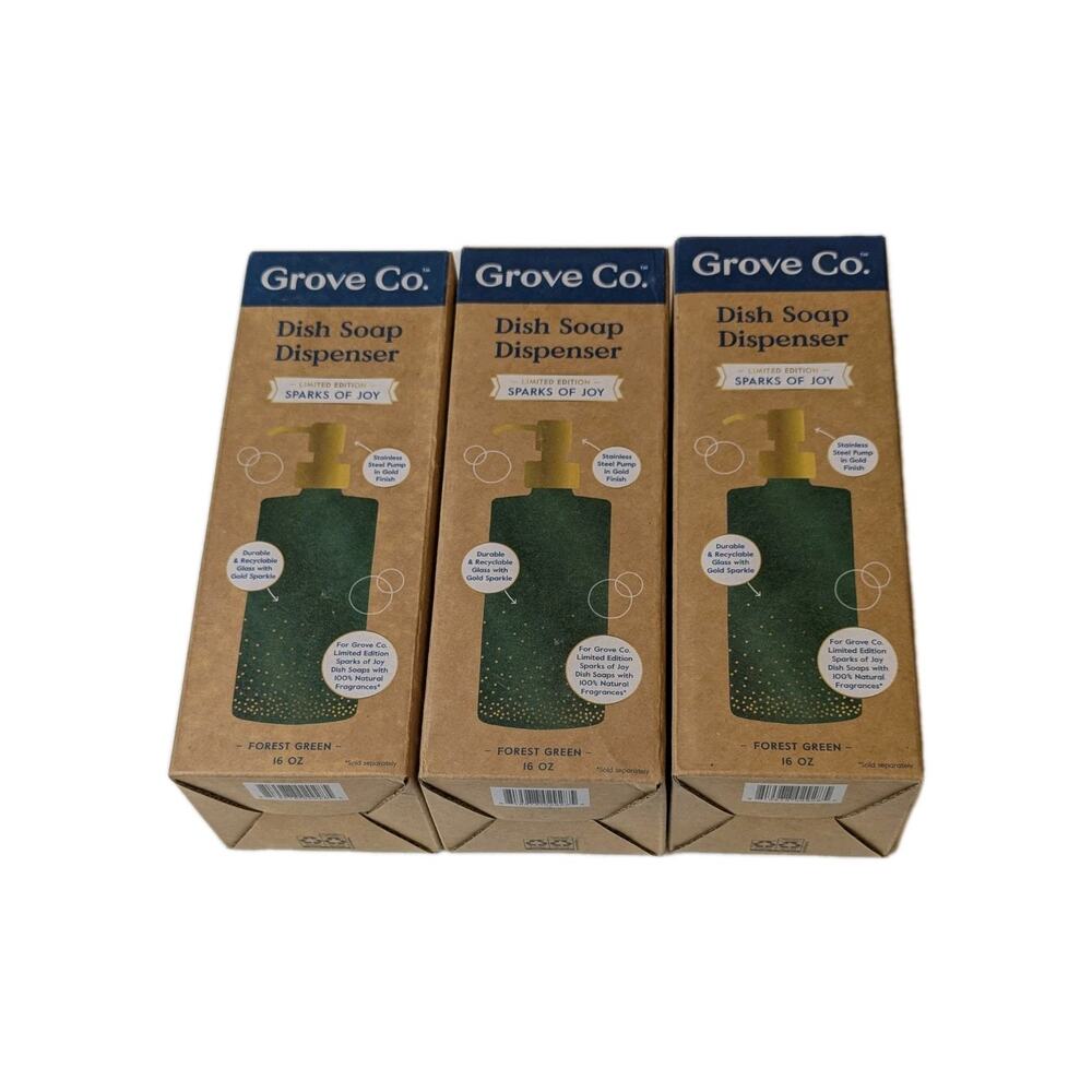 3-Pack Grove Co Reusable GLASS Soap Dispenser Limited Ed Sparks of Joy Green